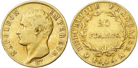 FRANCE, Napoléon Ier (1804-1814), AV 20 francs, 1806 A, Paris. Gad. 1023; Fr. 487a.

presque Très Beau / about Very Fine