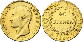 FRANCE, Napoléon Ier (1804-1814), AV 20 francs, 1806 Q, Perpignan. 3973 p. frappées. Gad. 1023; Fr. 489. Très rare. Traces de monture. Fines griffes....