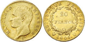 FRANCE, Napoléon Ier (1804-1814), AV 20 francs, 1806 U, Turin. Gad. 1023; Fr. 490. Fine griffe.

Très Beau / Very Fine