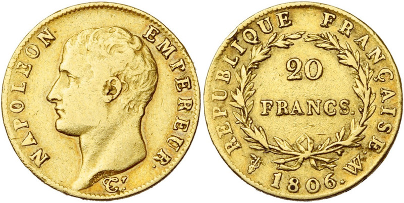 FRANCE, Napoléon Ier (1804-1814), AV 20 francs, 1806 W, Lille. Tête nue. 4242 p....