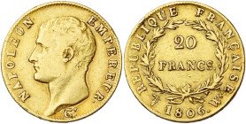 FRANCE, Napoléon Ier (1804-1814), AV 20 francs, 1806 W, Lille. Tête nue. 4242 p. frappées. Gad. 1023; Fr. 491. Très rare. Nettoyé.

presque Très Bea...