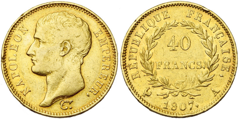 FRANCE, Napoléon Ier (1804-1814), AV 40 francs, 1807 A, Paris. Tête nue. Type tr...