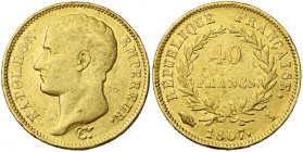 FRANCE, Napoléon Ier (1804-1814), AV 40 francs, 1807 I, Limoges. Tête nue. Type transitoire. Seulement 1859 p. frappées. Gad. 1082a; Fr. 485. Très rar...