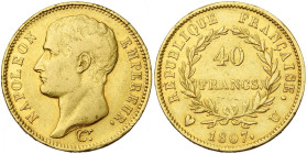 FRANCE, Napoléon Ier (1804-1814), AV 40 francs, 1807 U, Turin. Tête nue. Type transitoire. Seulement 619 p. frappées. Gad. 1082a; Fr. 482. Très rare....