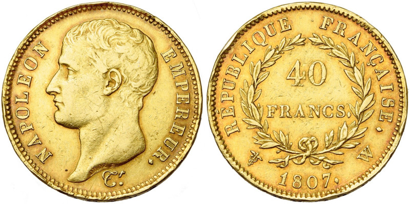 FRANCE, Napoléon Ier (1804-1814), AV 40 francs, 1807 W, Lille. Tête nue. Type tr...