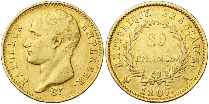 FRANCE, Napoléon Ier (1804-1814), AV 20 francs, 1807 A, Paris. Tête nue. Type tr...
