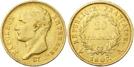 FRANCE, Napoléon Ier (1804-1814), AV 20 francs, 1807 A, Paris. Tête nue. Type transitoire à la grosse tête. Gad. 1023a; Fr. 487a.

Très Beau / Very ...