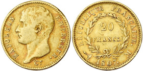 FRANCE, Napoléon Ier (1804-1814), AV 20 francs, 1807 M, Toulouse. Tête nue. Type transitoire à la grosse tête. 5296 p. frappées. Gad. 1023a; Fr. 492. ...