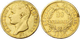 FRANCE, Napoléon Ier (1804-1814), AV 20 francs, 1807 U, Turin. Tête nue. Type transitoire à la grosse tête. 2557 p. frappées. Gad. 1023a; Fr. 490. Trè...