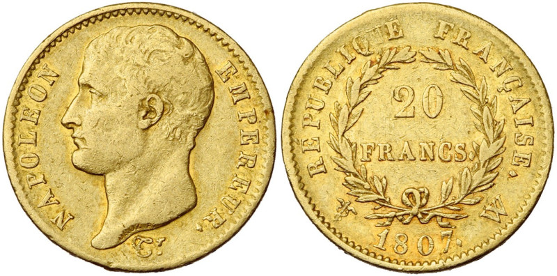 FRANCE, Napoléon Ier (1804-1814), AV 20 francs, 1807 W, Lille. Tête nue. Type tr...