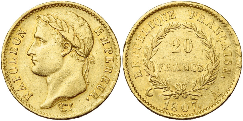 FRANCE, Napoléon Ier (1804-1814), AV 20 francs, 1807 A, Paris. Tête laurée. Gad....