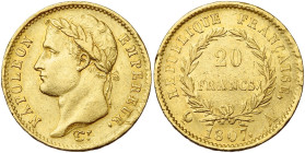 FRANCE, Napoléon Ier (1804-1814), AV 20 francs, 1807 A, Paris. Tête laurée. Gad. 1024; Fr. 499. Petits coups.

Très Beau / Very Fine