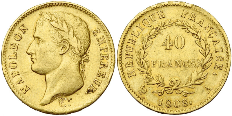 FRANCE, Napoléon Ier (1804-1814), AV 40 francs, 1808 A, Paris. Tête laurée. Gad....