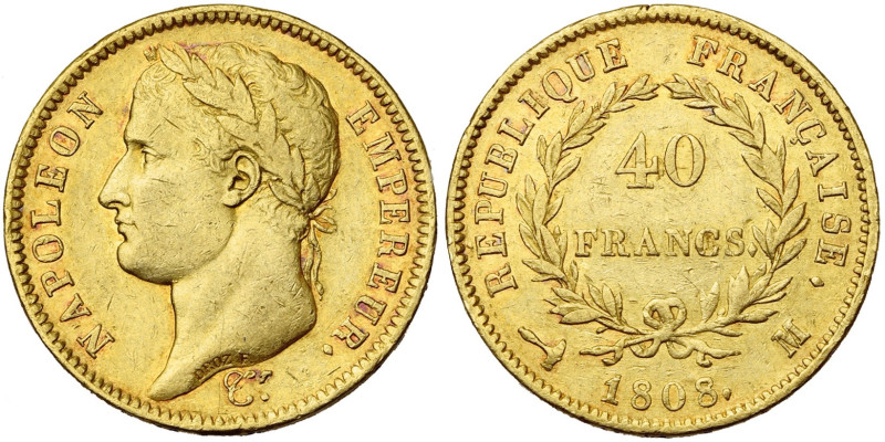 FRANCE, Napoléon Ier (1804-1814), AV 40 francs, 1808 M, Toulouse. 4226 p. frappé...