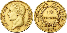 FRANCE, Napoléon Ier (1804-1814), AV 40 francs, 1808 U, Turin. Tête laurée. Seulement 346 p. frappées. Gad. 1083; Fr. 497. Extrêmement rare. Fines tra...