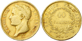 FRANCE, Napoléon Ier (1804-1814), AV 40 francs, 1808 W, Lille. 6356 p. frappées. Gad. 1083; Fr. 498. Rare. Taches au revers.

presque Très Beau / ab...