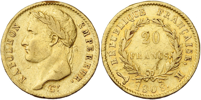 FRANCE, Napoléon Ier (1804-1814), AV 20 francs, 1808 M, Toulouse. Gad. 1024; Fr....