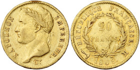 FRANCE, Napoléon Ier (1804-1814), AV 20 francs, 1808 M, Toulouse. Gad. 1024; Fr. 501. Rare.

Beau à Très Beau / Fine - Very Fine
