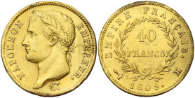 FRANCE, Napoléon Ier (1804-1814), AV 40 francs, 1809 M, Toulouse. Seulement 1402 p. frappées. Gad. 1084; Fr. 507. Très rare. Griffes et traces de rest...