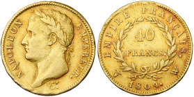 FRANCE, Napoléon Ier (1804-1814), AV 40 francs, 1809 W, Lille. 5925 p. frappées. Gad. 1084; Fr. 506. Rare.

Très Beau / Very Fine