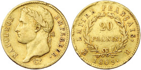 FRANCE, Napoléon Ier (1804-1814), AV 20 francs, 1809 H, La Rochelle. Seulement 501 p. frappées. Gad. 1025; Fr. 517. Extrêmement rare. Petits coups sur...
