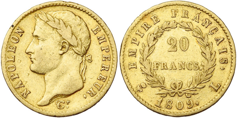 FRANCE, Napoléon Ier (1804-1814), AV 20 francs, 1809 L, Bayonne. Seulement 2383 ...