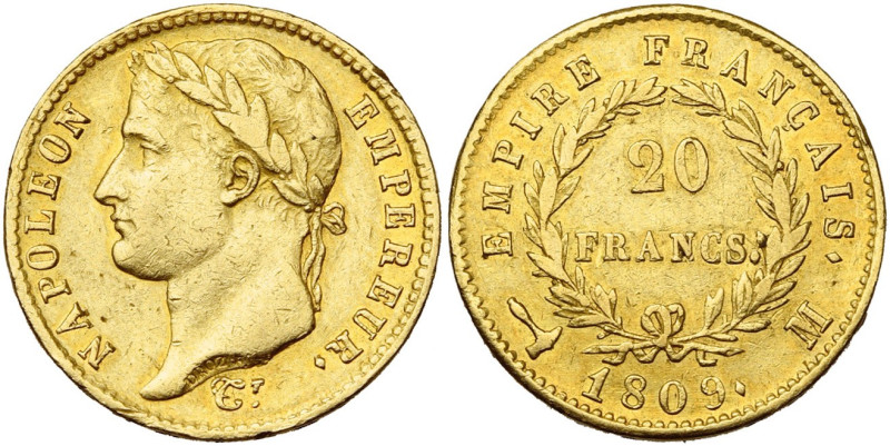 FRANCE, Napoléon Ier (1804-1814), AV 20 francs, 1809 M, Toulouse. 5007 p. frappé...