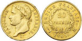 FRANCE, Napoléon Ier (1804-1814), AV 20 francs, 1809 M, Toulouse. 5007 p. frappées. Gad. 1025; Fr. 516. Rare. Petits coups.

presque Très Beau / abo...