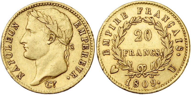 FRANCE, Napoléon Ier (1804-1814), AV 20 francs, 1809 U, Turin. 3400 p. frappées....