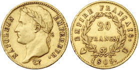 FRANCE, Napoléon Ier (1804-1814), AV 20 francs, 1809 U, Turin. 3400 p. frappées. Gad. 1025; Fr. 515. Très rare.

Très Beau / Very Fine