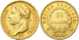 FRANCE, Napoléon Ier (1804-1814), AV 20 francs, 1809 W, Lille. Gad. 1025; Fr. 512. Rare.

presque Très Beau / about Very Fine