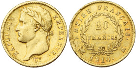 FRANCE, Napoléon Ier (1804-1814), AV 20 francs, 1810 K, Bordeaux. Gad. 1025; Fr. 513. Rare. Traces d'ajustage.

Très Beau / Very Fine