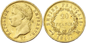 FRANCE, Napoléon Ier (1804-1814), AV 20 francs, 1810 M, Toulouse. Seulement 1983 p. frappées. Gad. 1025; Fr. 516. Très rare. Fines griffes.

presque...
