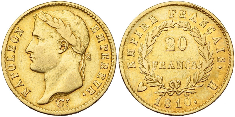 FRANCE, Napoléon Ier (1804-1814), AV 20 francs, 1810 U, Turin. 5891 p. frappées....