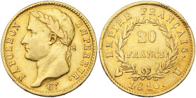 FRANCE, Napoléon Ier (1804-1814), AV 20 francs, 1810 U, Turin. 5891 p. frappées. Gad. 1025; Fr. 515. Rare. Légèrement nettoyé.

Très Beau / Very Fin...