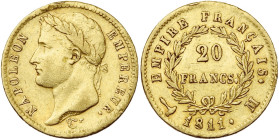 FRANCE, Napoléon Ier (1804-1814), AV 20 francs, 1811 M, Toulouse. 4971 p. frappées. Gad. 1025; Fr. 516. Rare. Coups sur la tranche.

Très Beau / Ver...