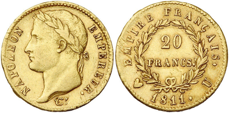 FRANCE, Napoléon Ier (1804-1814), AV 20 francs, 1811 U, Turin. Gad. 1025; Fr. 51...