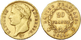 FRANCE, Napoléon Ier (1804-1814), AV 20 francs, 1811 U, Turin. Gad. 1025; Fr. 515. Traces d'ajustage.

Très Beau / Very Fine