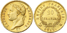 FRANCE, Napoléon Ier (1804-1814), AV 20 francs, 1812 K, Bordeaux. 2650 p. frappées. Gad. 1025; Fr. 513. Très rare. Petits coups sur la tranche. Belle ...