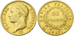 FRANCE, Napoléon Ier (1804-1814), AV 40 francs, 1813 CL, Gênes. 3070 p. frappées. Gad. 1084; Fr. 510. Rare. Nettoyé. Petits coups.

presque Très Bea...