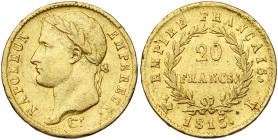 FRANCE, Napoléon Ier (1804-1814), AV 20 francs, 1813 K, Bordeaux. Seulement 869 p. frappées. Gad. 1025; Fr. 513. Extrêmement rare. Petits coups.

Tr...