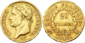 FRANCE, Napoléon Ier (1804-1814), AV 20 francs, 1813 L, Bayonne. Gad. 1025; Fr. 514. Nettoyé.

Très Beau / Very Fine