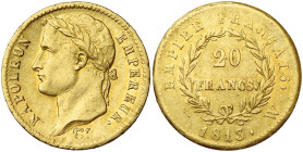 FRANCE, Napoléon Ier (1804-1814), AV 20 francs, 1813 W, Lille. Gad. 1025; Fr. 512. Fines traces d'ajustage. Légère faiblesse de frappe.

Très Beau à...