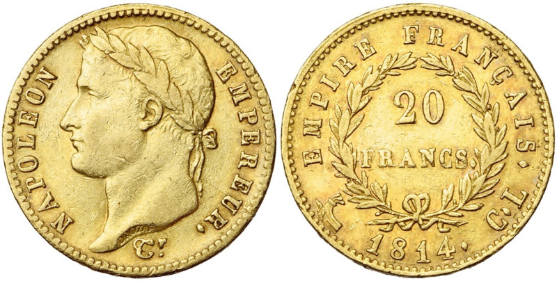 FRANCE, Napoléon Ier (1804-1814), AV 20 francs, 1814 CL, Gênes. Seulement 887 p....