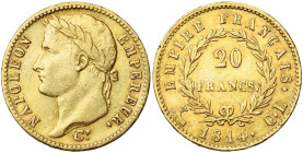 FRANCE, Napoléon Ier (1804-1814), AV 20 francs, 1814 CL, Gênes. Seulement 887 p. frappées. Gad. 1025; Fr. 520. Extrêmement rare. Légèrement nettoyé. P...