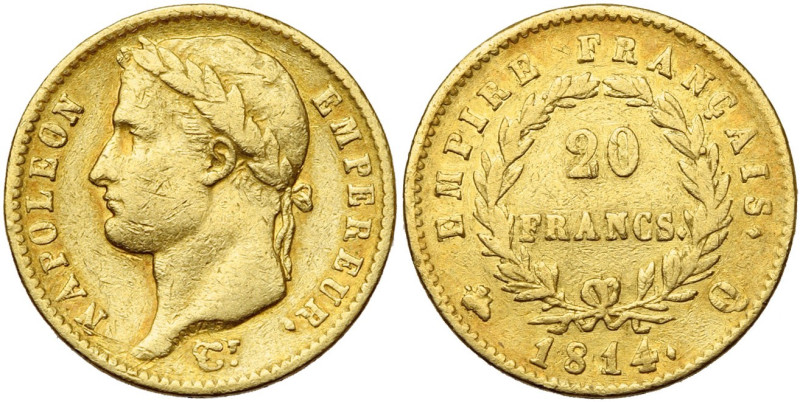 FRANCE, Napoléon Ier (1804-1814), AV 20 francs, 1814 Q, Perpignan. 3289 p. frapp...