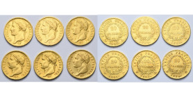 FRANCE, Napoléon Ier (1804-1814), lot de 6 p. de 20 francs à la tête laurée, 1808, 1809, 1810, 1811, 1813 et 1814 A, Paris. Gad. 1024, 1025.

Beau à...