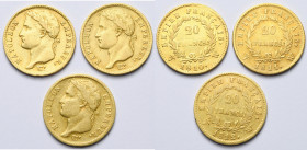 FRANCE, Napoléon Ier (1804-1814), lot de 3 p. de 20 francs à la tête laurée, 1810, 1811 et 1812 W, Lille. Gad. 1024, 1025.

Beau à Très Beau / Fine ...