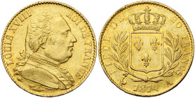 FRANCE, Louis XVIII, première restauration (1814-1815), AV 20 francs, 1814 A, Paris. Chiffre 4 court. Gad. 1026; Fr. 525. Fines traces d'ajustage.

...