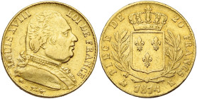 FRANCE, Louis XVIII, première restauration (1814-1815), AV 20 francs, 1814 K, Bordeaux. Chiffre 4 long. Gad. 1026; Fr. 527.

presque Très Beau / abo...